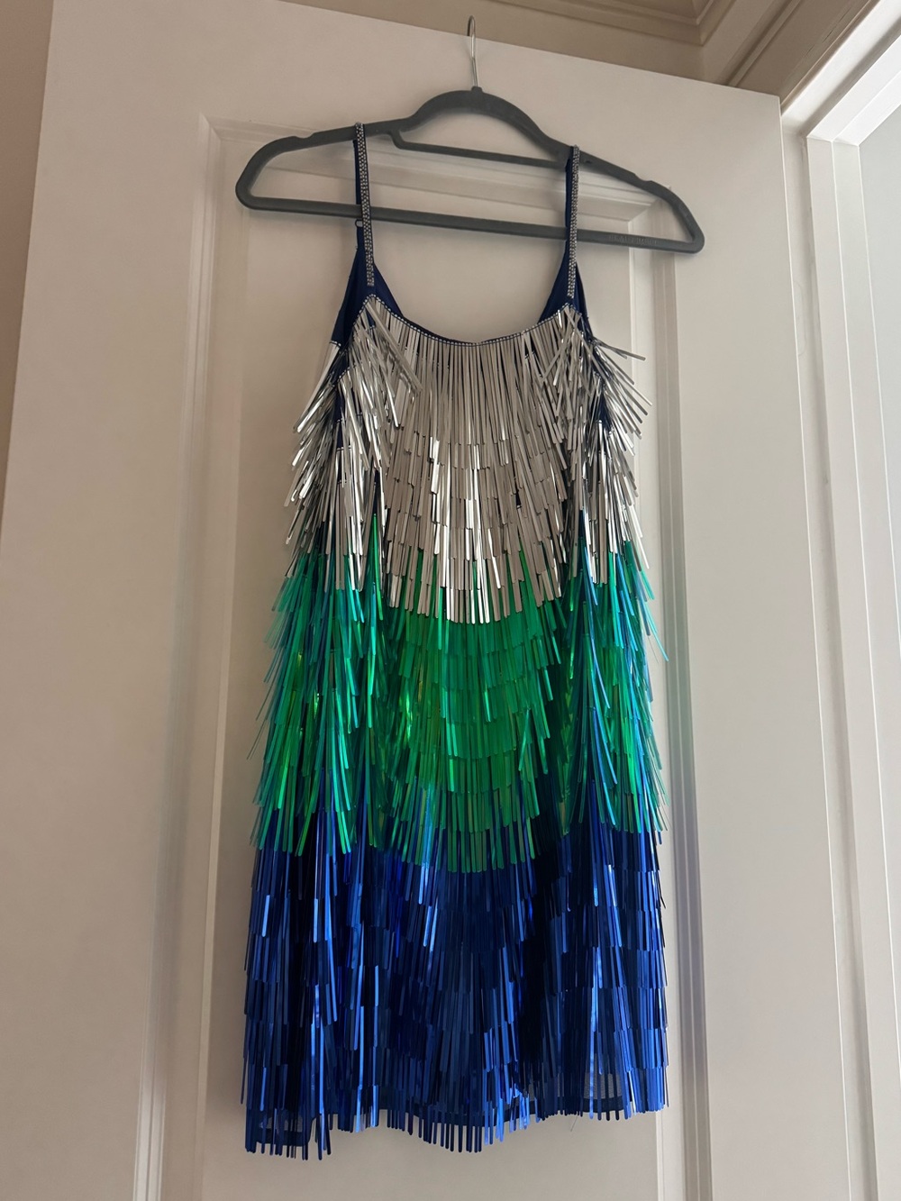 Metallic Fringe Party Dress in Silver, Green & Blue